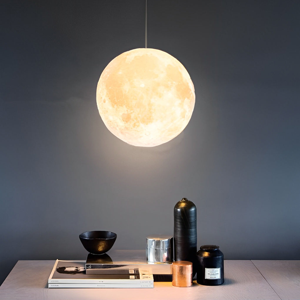 3D Moon Sphere Pendant — Iron, Lunar-Texture Lampshade, Adjustable Hanging Wire, 7.9"–15.7"