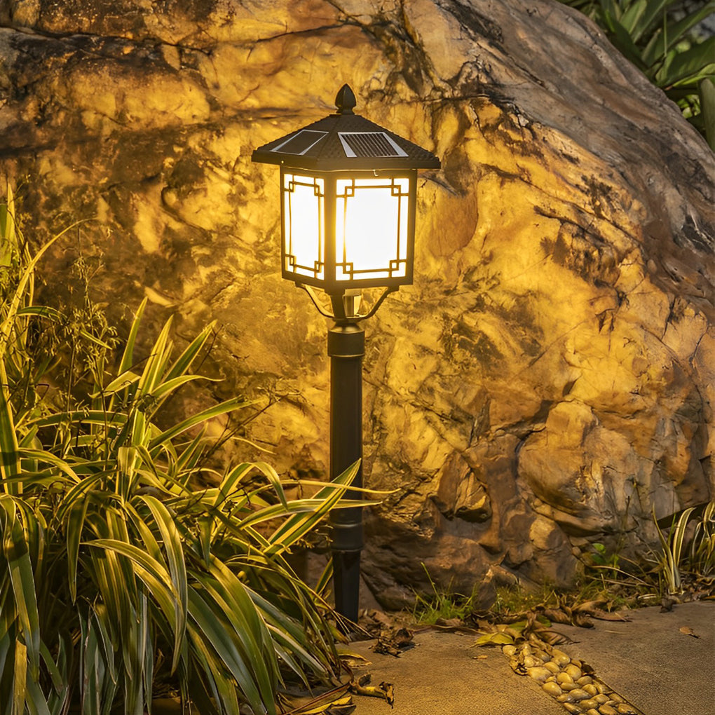 Ancient House-Style Solar LED Post Light — Aluminum and Glass, 7W, IP54, 3-Step Dimming, Remote Control