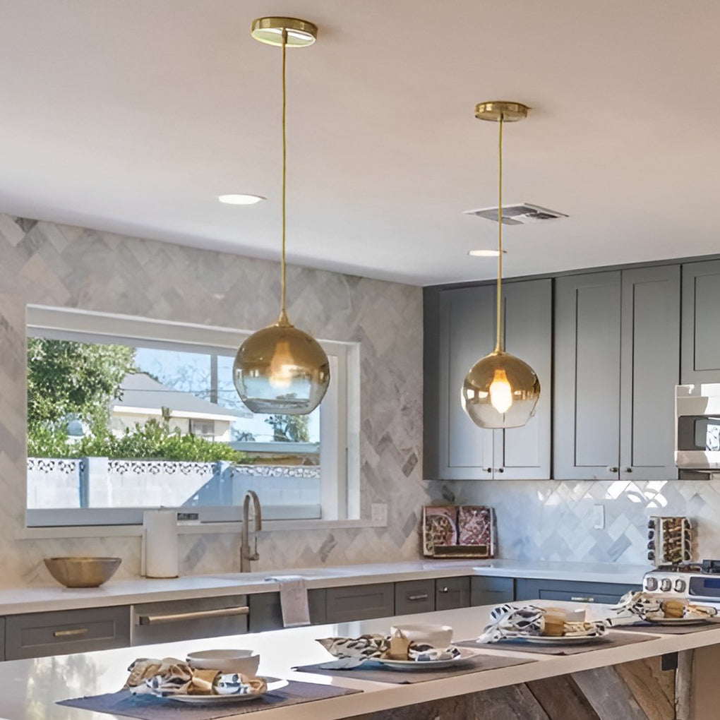 Glass Globe Mini Pendant — Modern Industrial, LED, 3-Step Dimming, 3000K/4500K/6000K, 8"/10"/12", Gold or Silver