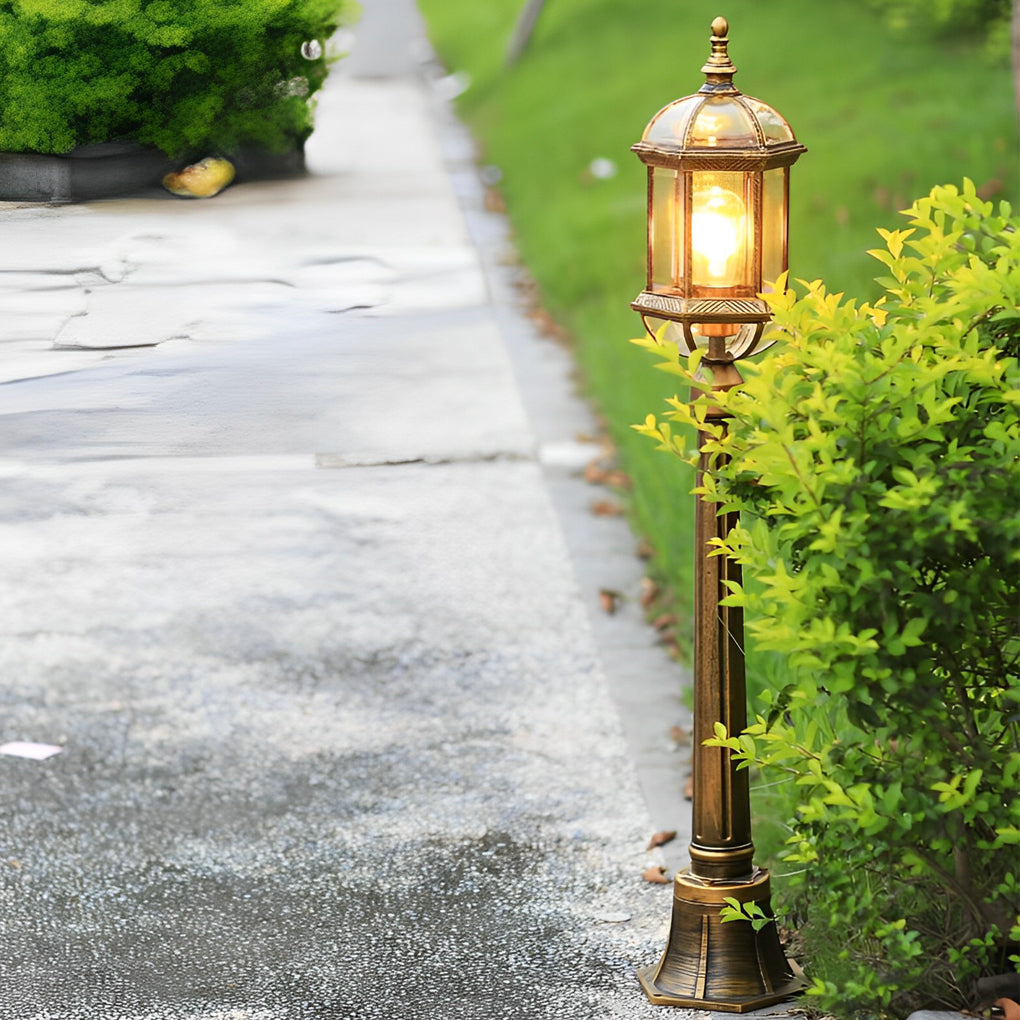 Vintage Golden Outdoor Post Light — Die-Cast Aluminum and Glass, E27, 46" H, Waterproof Rustproof