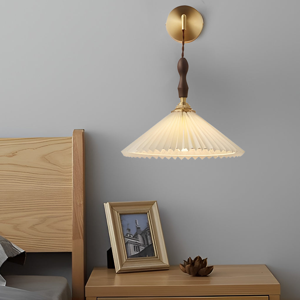 Pleated Mini Pendant or Wall Sconce — Walnut Wood and Copper, LED, 9" or 12" Diameter