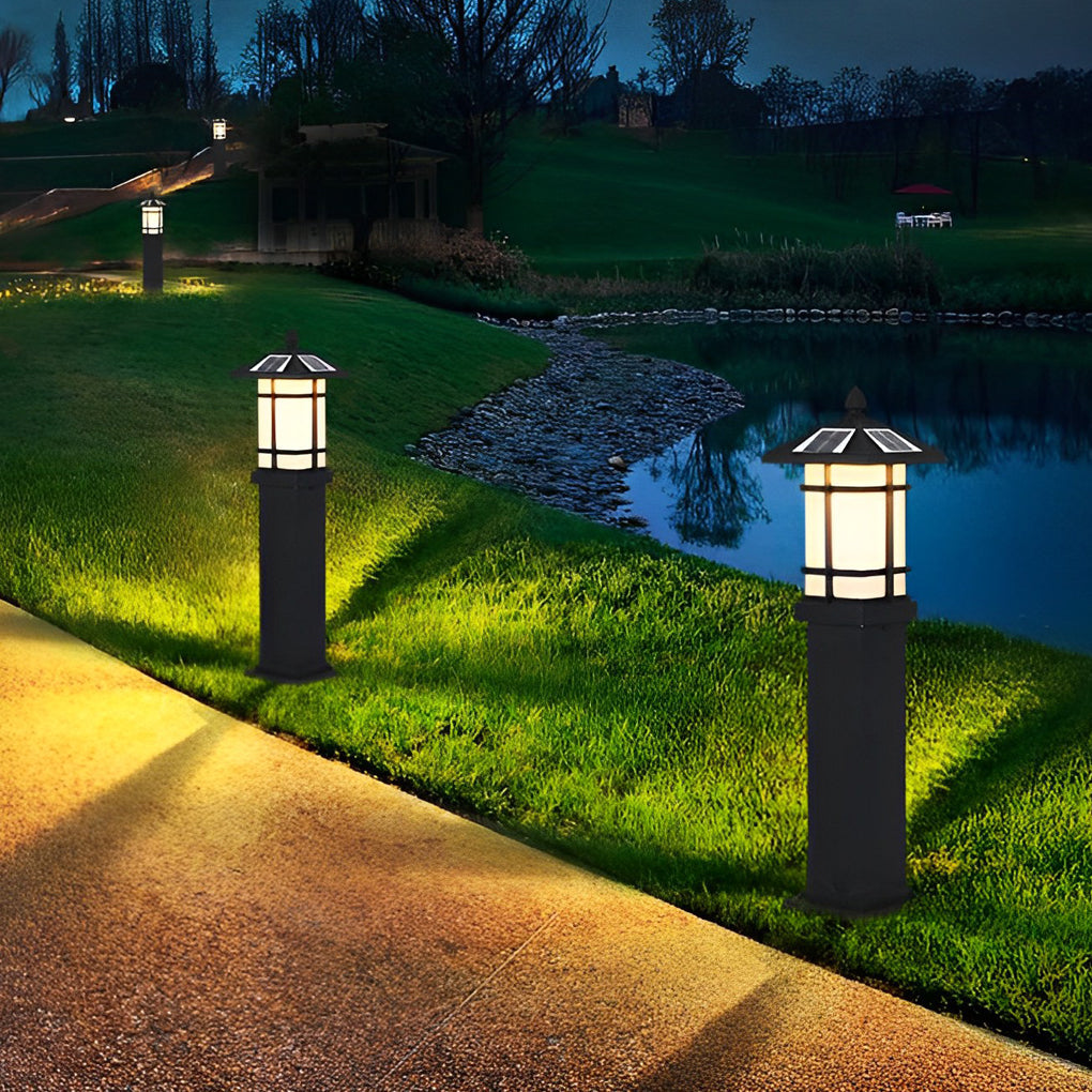Solar LED Bollard Light — Die-Cast Aluminum, Black, 3000K Warm White, 8–10H Runtime, 24" or 29"