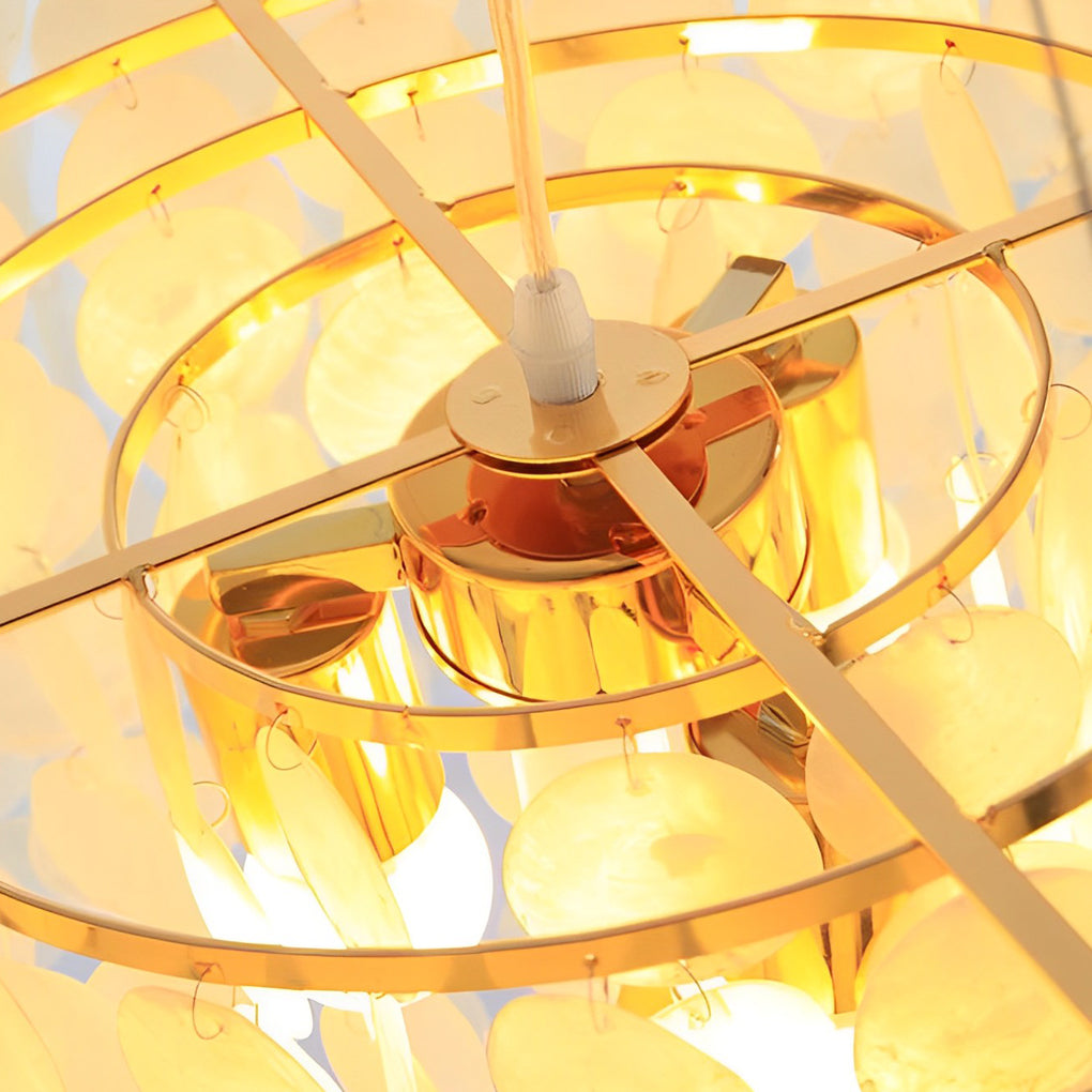 Modern Chandelier with Round Shell Pieces — Electroplated Iron, Gold, E27, 24" or 31" Diameter
