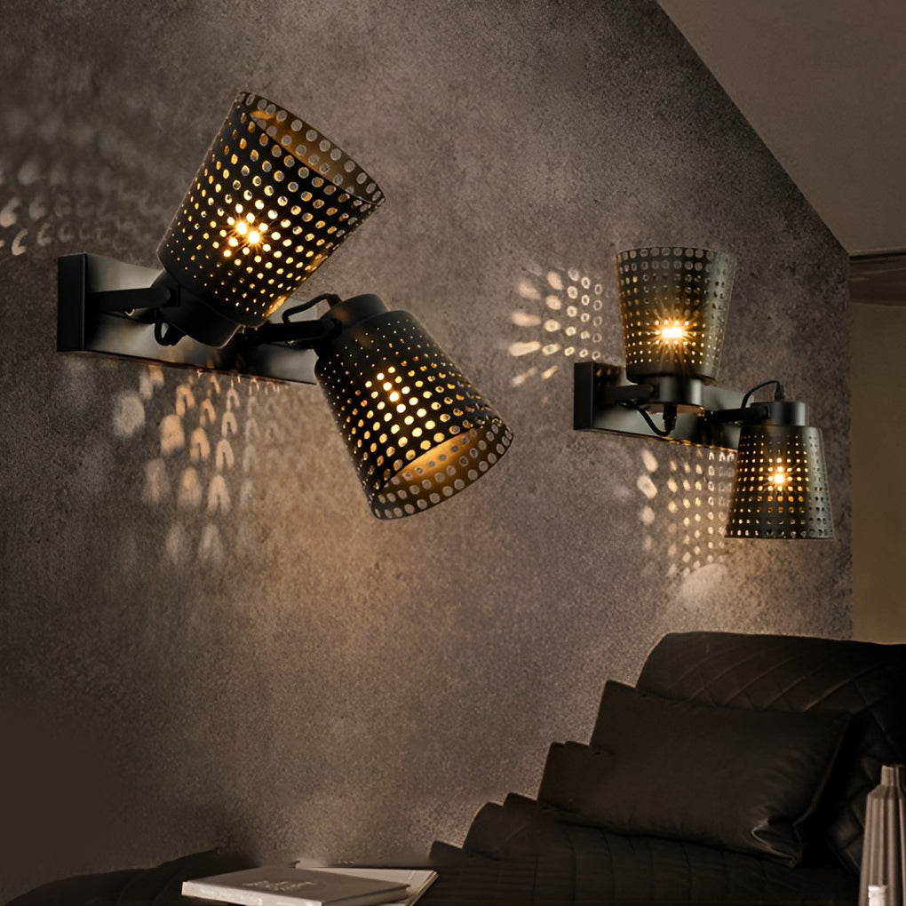 Retro Hollow Industrial Plug-In Wall Sconce — Black Iron, Adjustable Arm, E27, 1-, 2-, or 3-Light