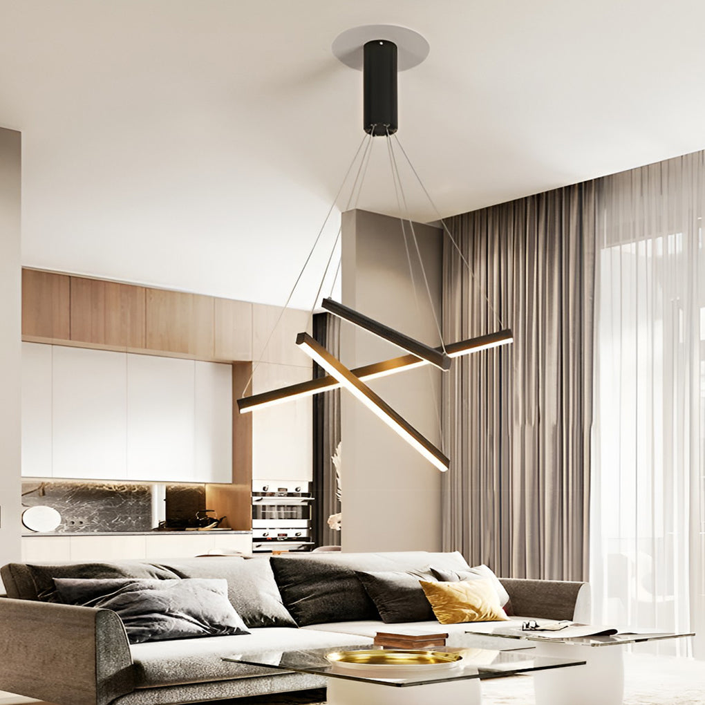 Minimalist Strip LED Chandelier — Black Metal, Stepless Dimming, Remote Control, 3- to 9-Light