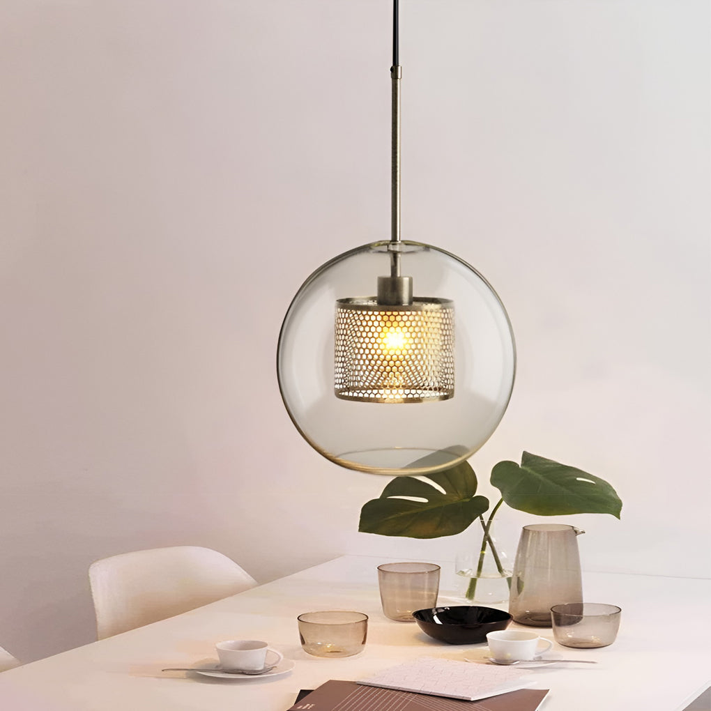 Industrial Minimalist Round Glass Pendant Light — Clear Glass, LED, Kitchen Island