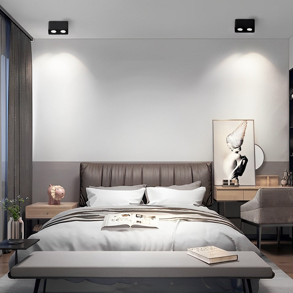 Square Adjustable Surface-Mount Spotlight — Iron, Three-Step Dimming LED, 360° Rotation, 1- or 2-Light