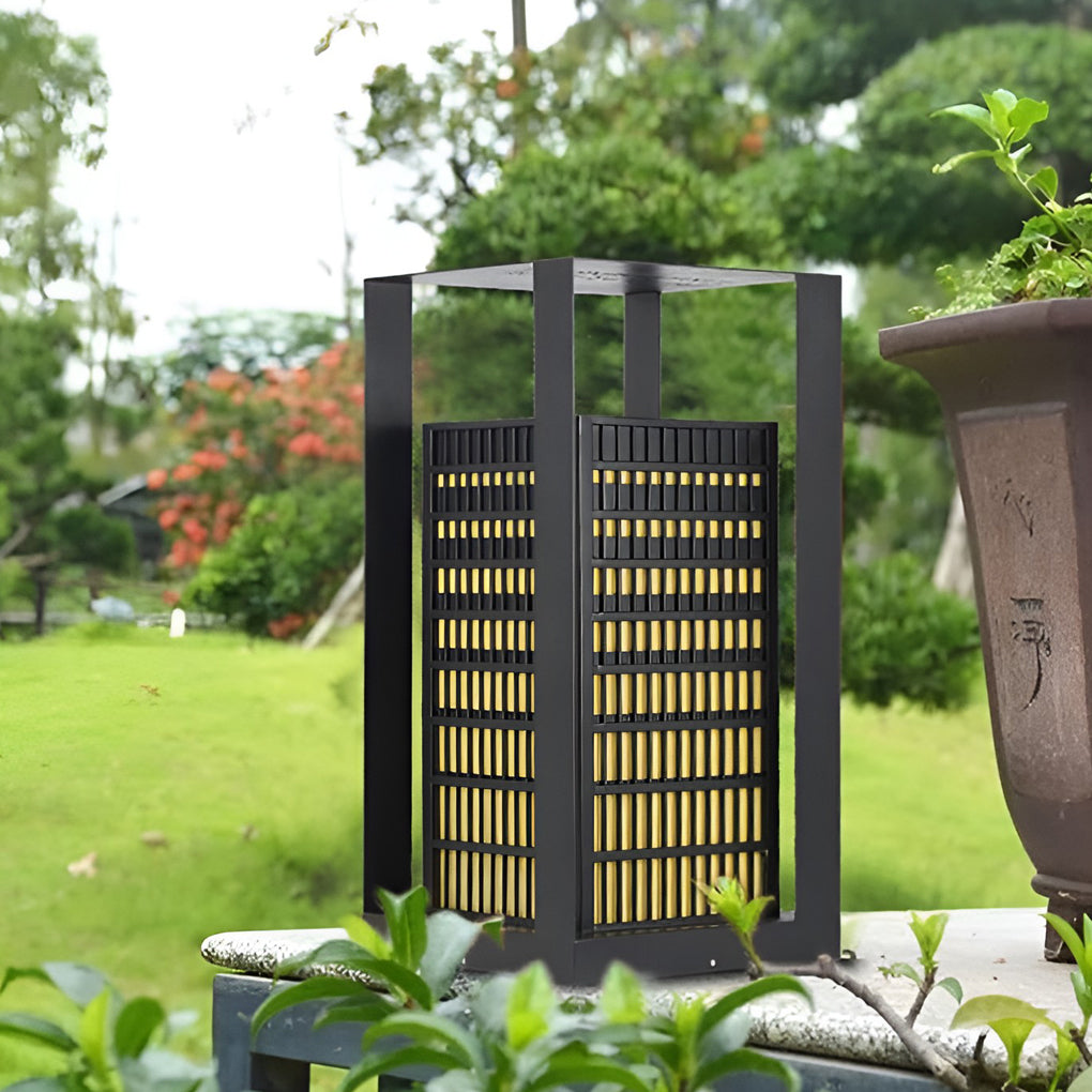 Cuboid Industrial LED Outdoor Pathway Lantern — Black, Galvanized Steel and Faux Marble, IP55 Weatherproof