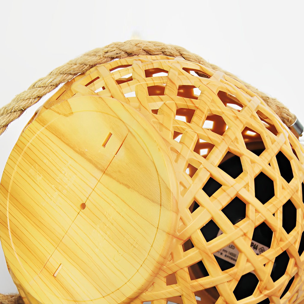 Bamboo and Rattan-Style Portable Outdoor Lantern — Plastic with Hemp Rope, Solar / USB, LED 3000K, IP44, 7.3" × 8.3"