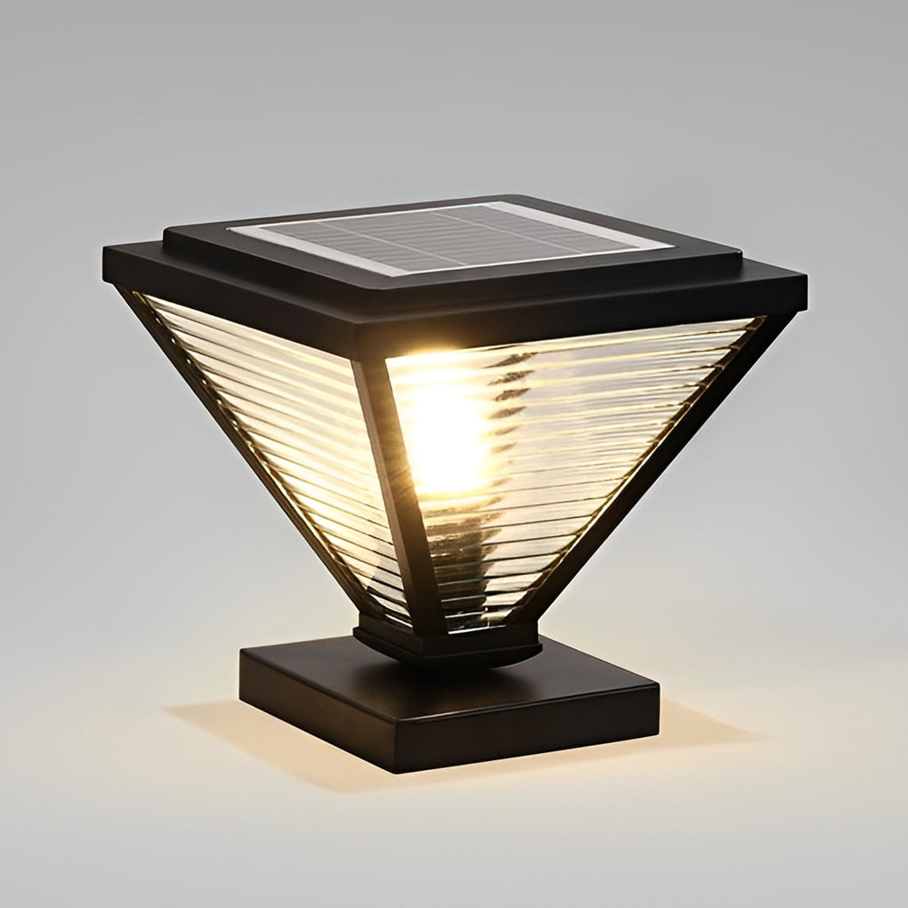 Geometric Solar Fence Post Light — Stainless Steel and Glass, Black, LED 3000K, IP-Rated Weatherproof