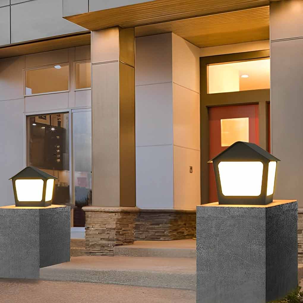 Cottage-Shaped Outdoor Pillar Light — Stainless Steel & Acrylic, Solar / Hardwired, LED, IP54, Warm White 3000K