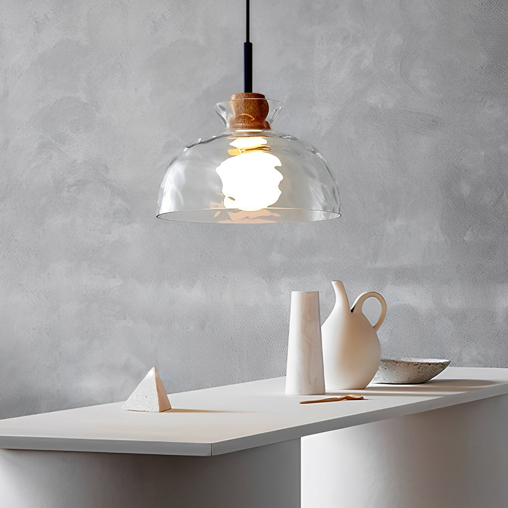 Round Glass and Wood Mini Pendant — Modern Minimalist, 3000K Warm White, Adjustable 59" Cord
