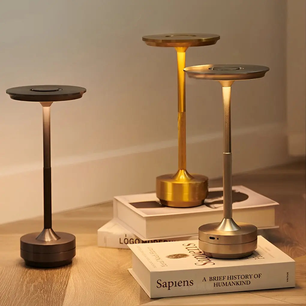 Slender Cordless UFO Alien Table Lamp with Plated Metal Finish Luxe
