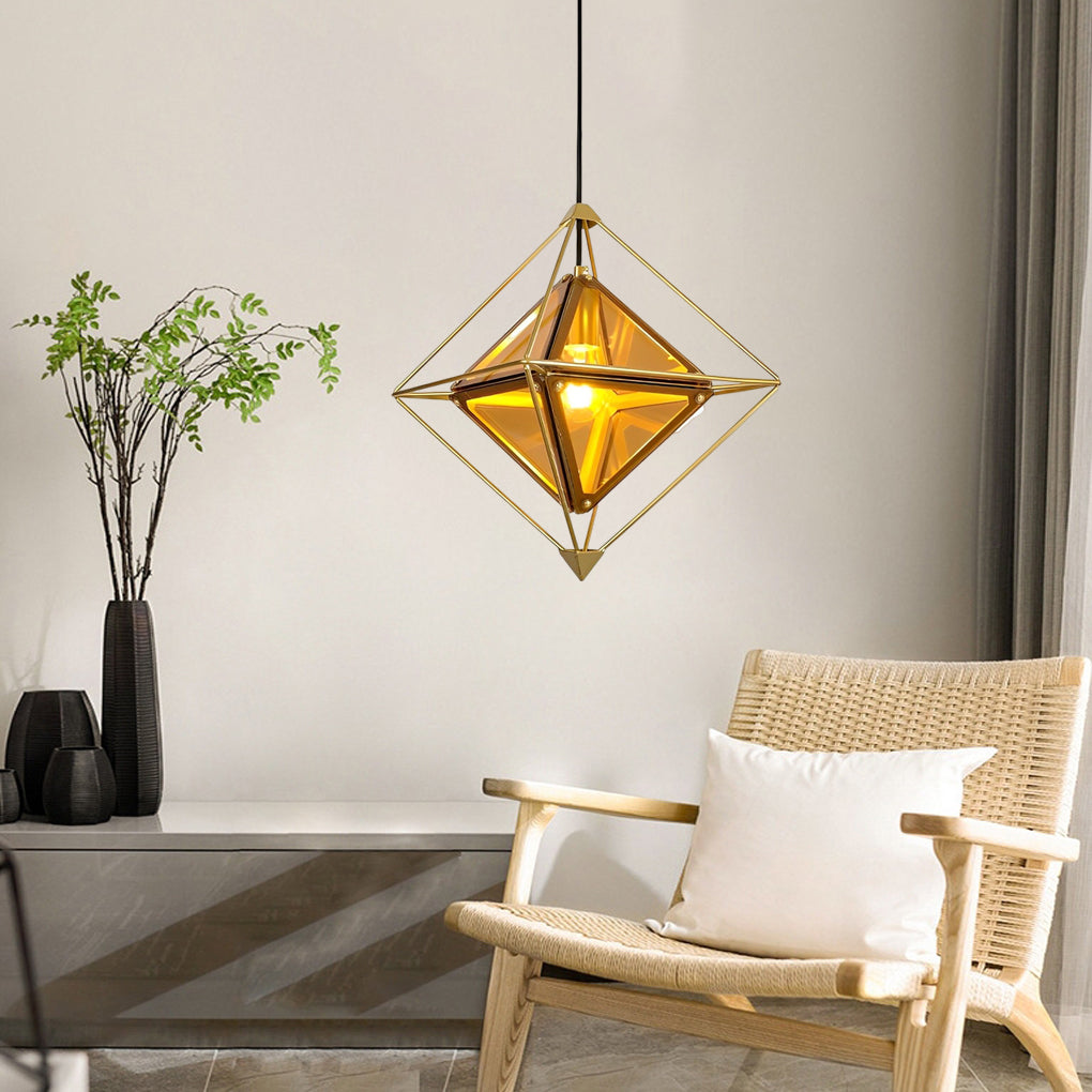 Modern Geometric Glass Pendant Light — E27, 16" Diameter, Amber or Smoke Gray, Gold or Black Finish