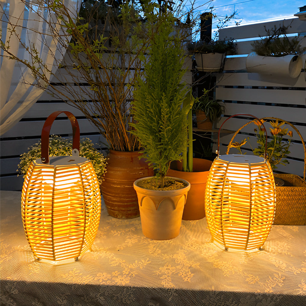 Rustic Modern Solar Outdoor Lantern — Hand-Woven Rattan, LED, IP54 Waterproof, Portable