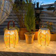 Rustic Modern Solar Outdoor Lantern — Hand-Woven Rattan, LED, IP54 Waterproof, Portable