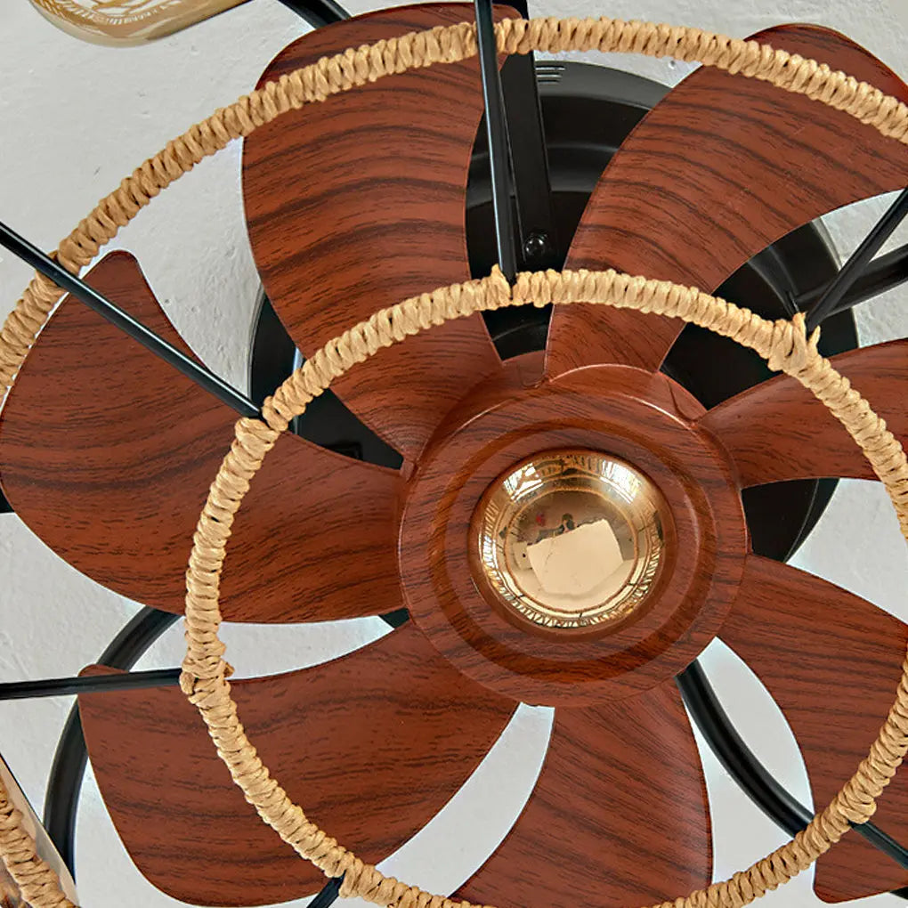 Industrial Style Inverter Ceiling Fan Lamp with Creative Rattan and Iron Design Luxe