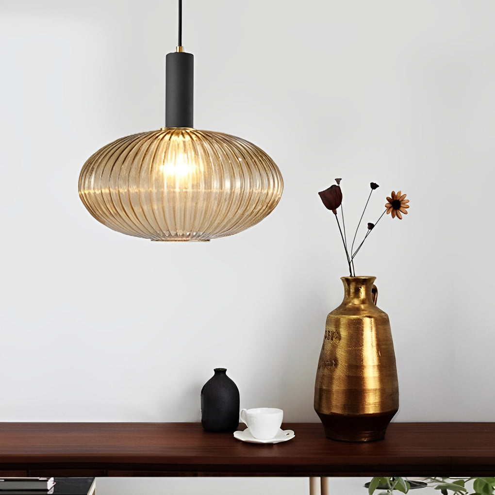 Striped Glass Lantern Mini Pendant — Modern, LED, 3000K, Available in Green, Amber, and Smoke Gray