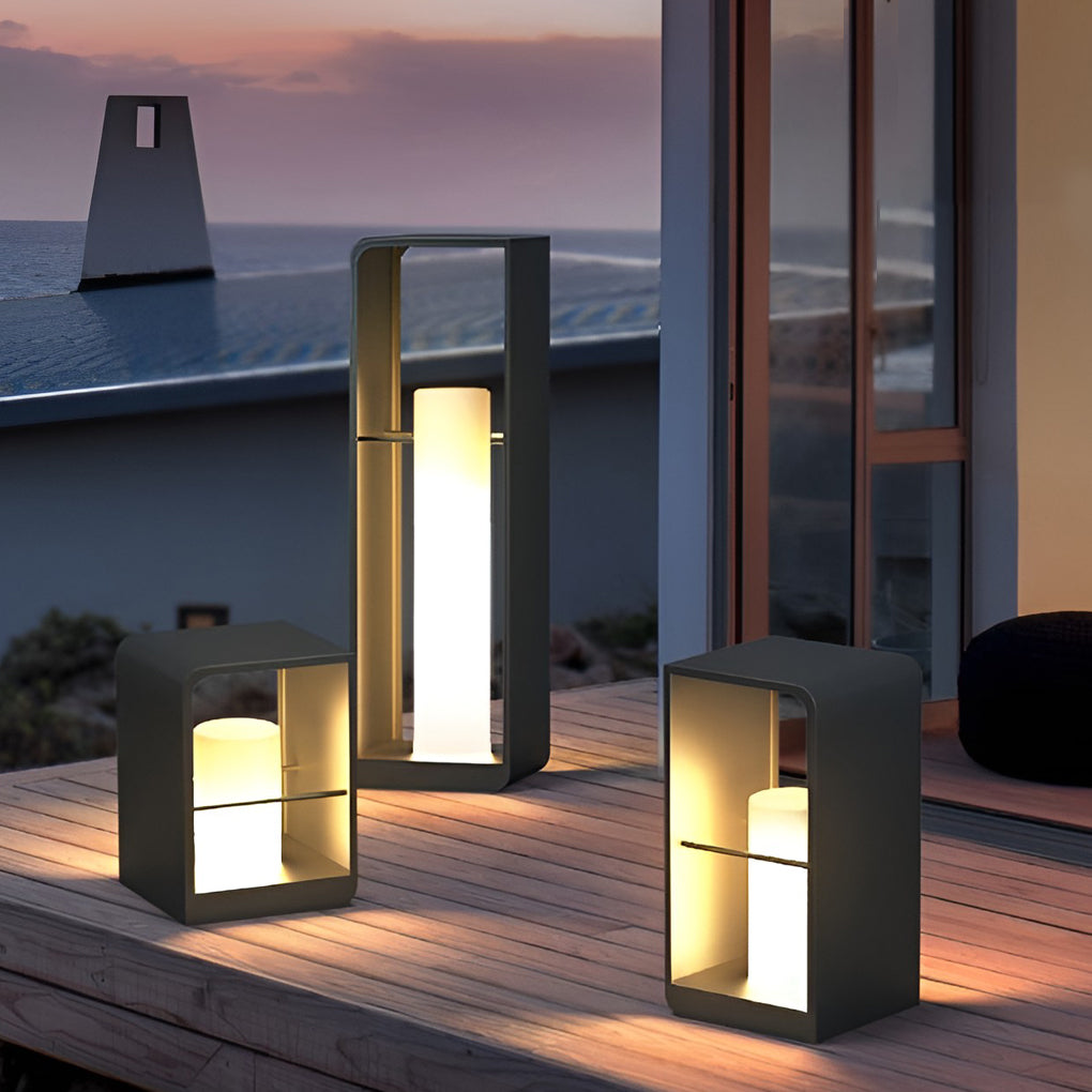 Modern Black Rectangular Frame Outdoor Lantern — Stainless Steel & PMMA, Solar / Hardwired, LED 3200K, IP54, 11", 17", or 29"