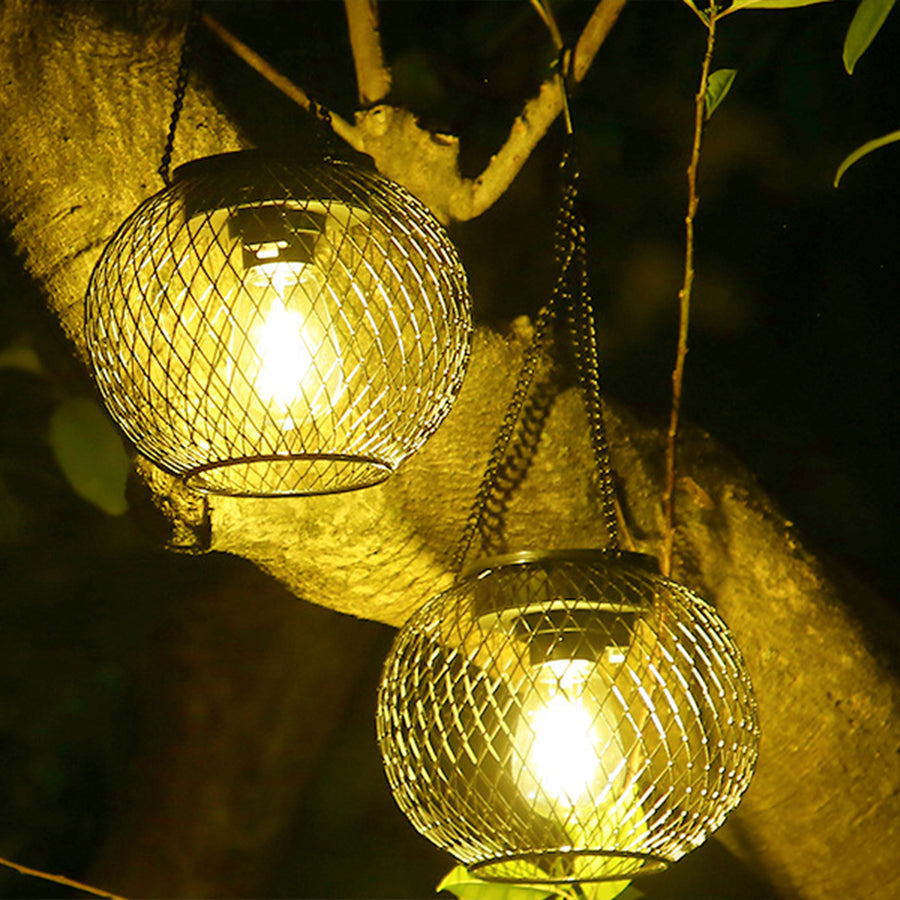 Vintage Solar Hanging Lantern — Black Iron Mesh, Warm White 2700K, Dusk-to-Dawn, Round or Oval