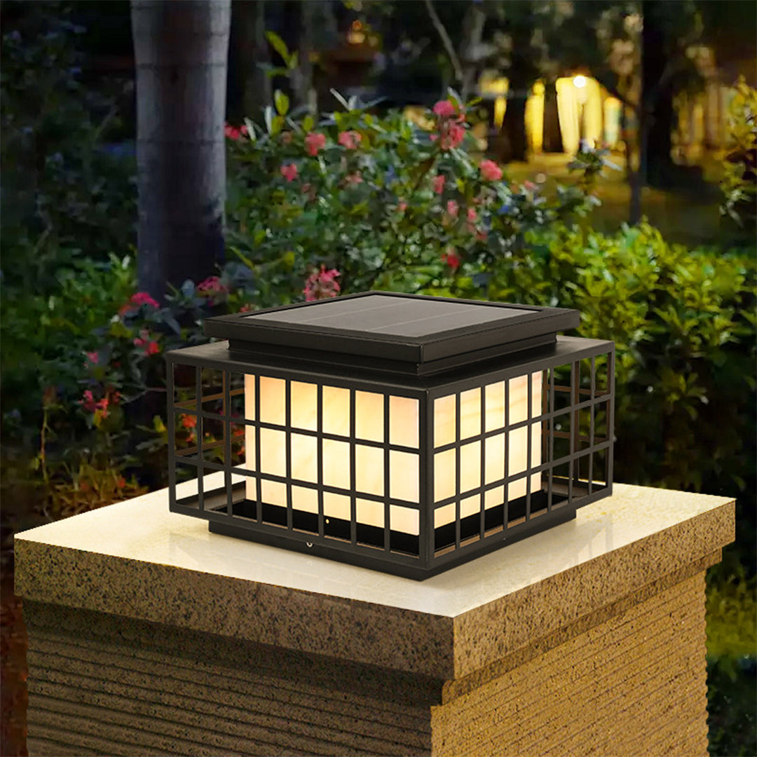 Modern Square Solar Pillar Light — Stainless Steel, Faux Alabaster, LED, 3-Color Dimming, Remote, IP65