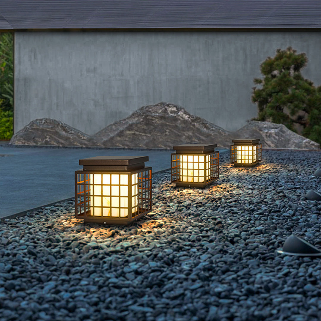Modern Square Solar Pillar Light — Stainless Steel, Faux Alabaster, LED, 3-Color Dimming, Remote, IP65