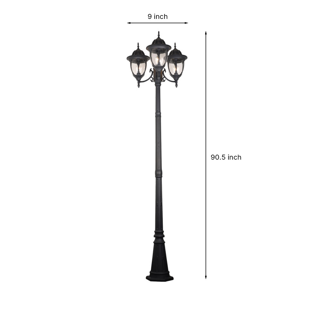 Three-Head Outdoor Post Light — Black Aluminum, 7W LED, IP54, 90.55" Height, E27, 3000K