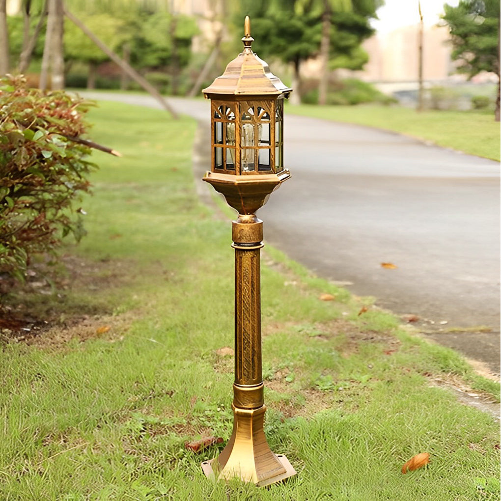 Slim Industrial Outdoor Post Light — Die-Cast Aluminum, Cylindrical Glass, E27, 32" H, Black / Bronze