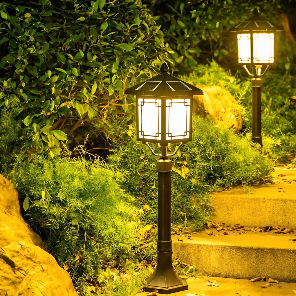 Ancient House-Style Solar LED Post Light — Aluminum and Glass, 7W, IP54, 3-Step Dimming, Remote Control