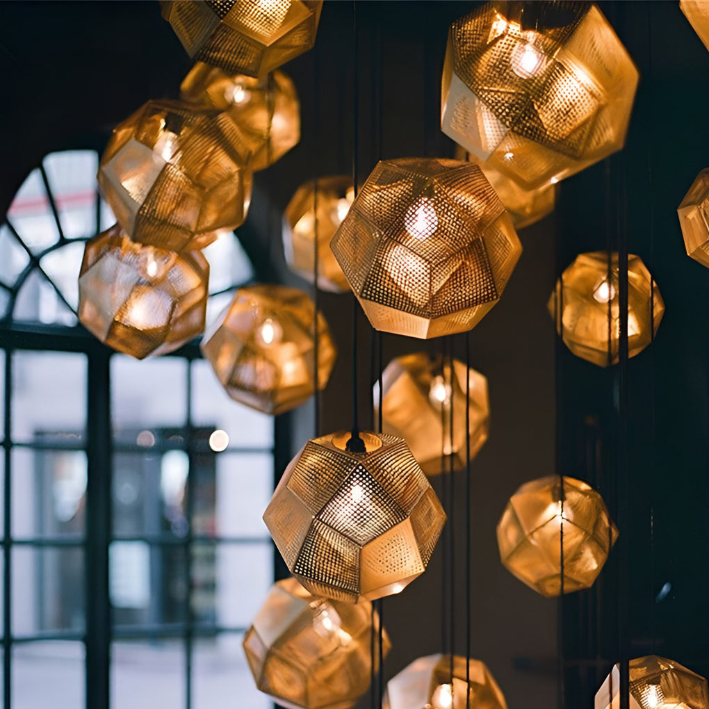 Postmodern Geometric Round Pendant Chandelier — Electroplated Stainless Steel, Hollow Pattern, Silver / Gold / Rose Gold
