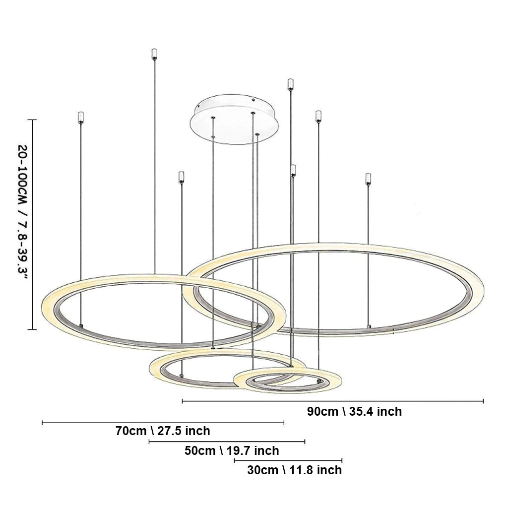 Four-Ring Geometric LED Chandelier — Metal and Acrylic, Dimmable, 11.8"–35.4" Rings, Black / White / Gold