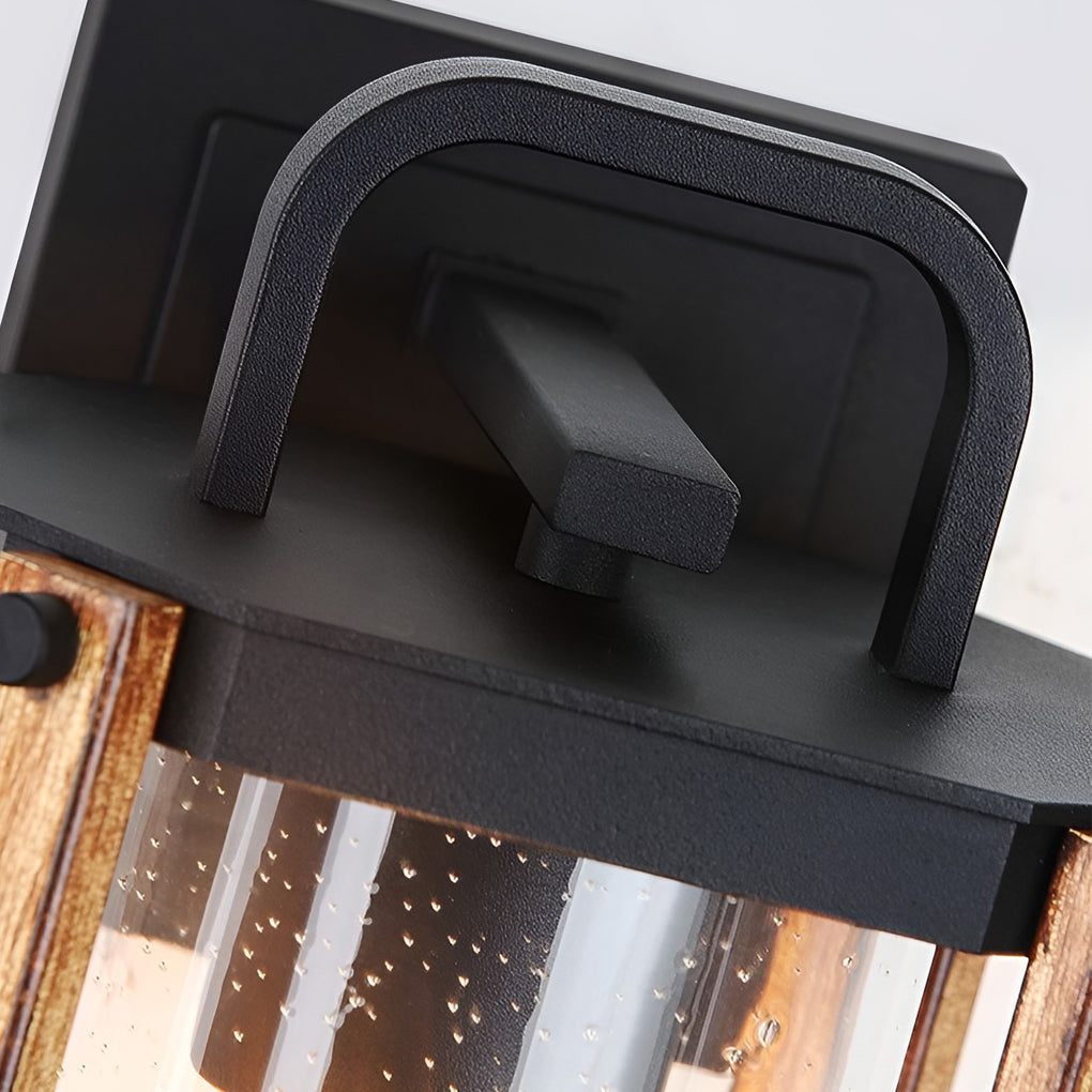 Black Glass Lantern Outdoor Wall Sconce — Die-Cast Aluminum, Industrial, Wood Grain Finish, 3200K