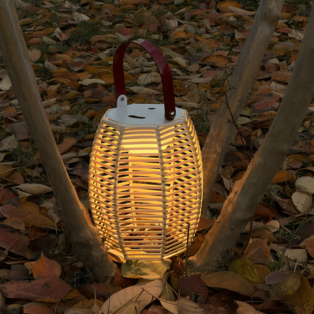 Rustic Modern Solar Outdoor Lantern — Hand-Woven Rattan, LED, IP54 Waterproof, Portable