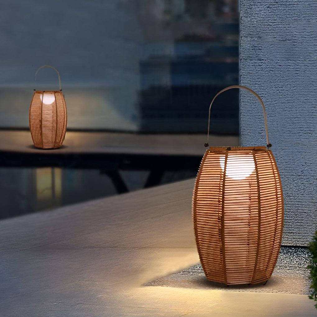 Rattan Lantern Portable Outdoor Floor Lamp — Solar LED, IP65 Weatherproof, 11" × 16", Motion Sensor