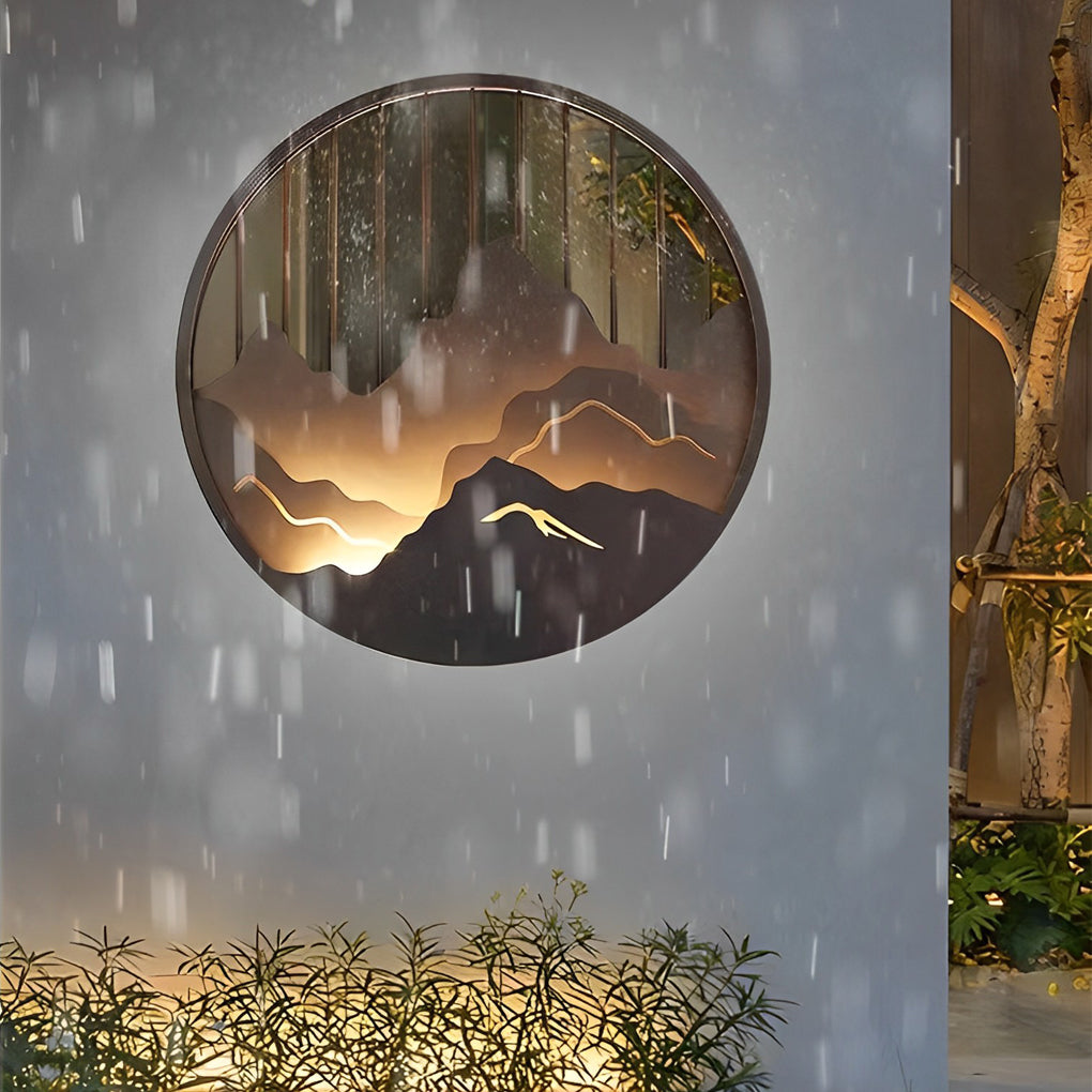 Round Mountain Scenery Outdoor Wall Sconce — Black Iron, LED Waterproof, 16"/24"/31"
