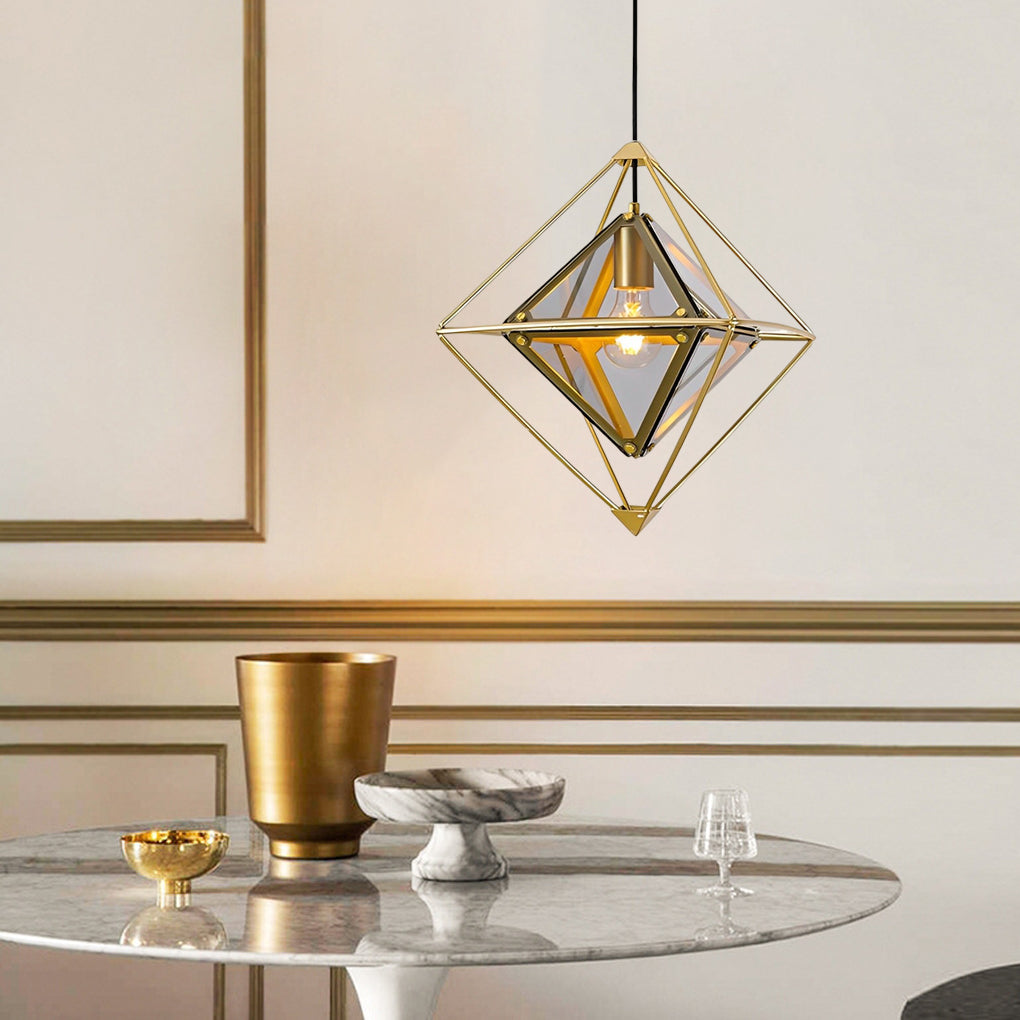 Modern Geometric Glass Pendant Light — E27, 16" Diameter, Amber or Smoke Gray, Gold or Black Finish