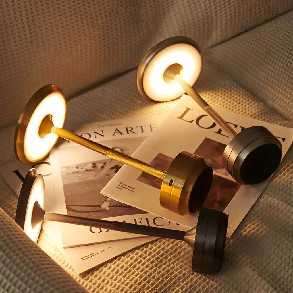 Slender Cordless UFO Alien Table Lamp with Plated Metal Finish Luxe