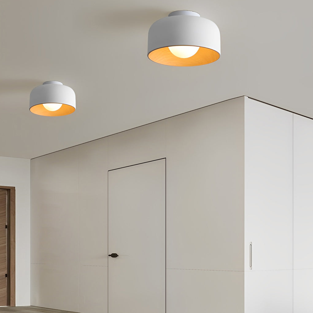 Bowl-Shaped LED Flush-Mount Ceiling Light — Iron and Glass, Imitation Wood Texture, 13.8", 3000K Warm White
