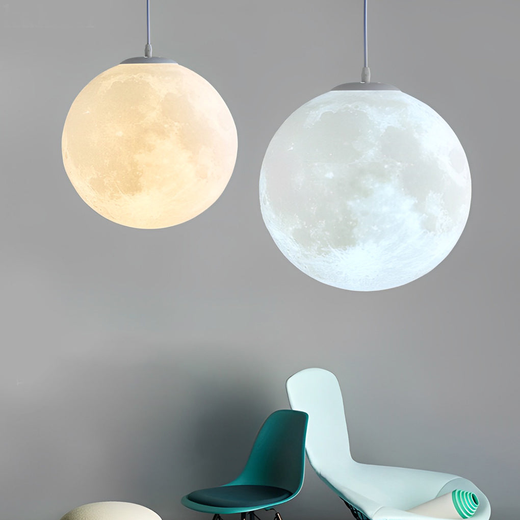 3D Moon Sphere Pendant — Iron, Lunar-Texture Lampshade, Adjustable Hanging Wire, 7.9"–15.7"