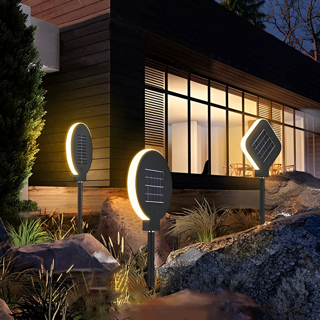 Circular Geometric Solar LED Path Light — Stainless Steel & Silicone, Black, IP54, 3000K Warm White