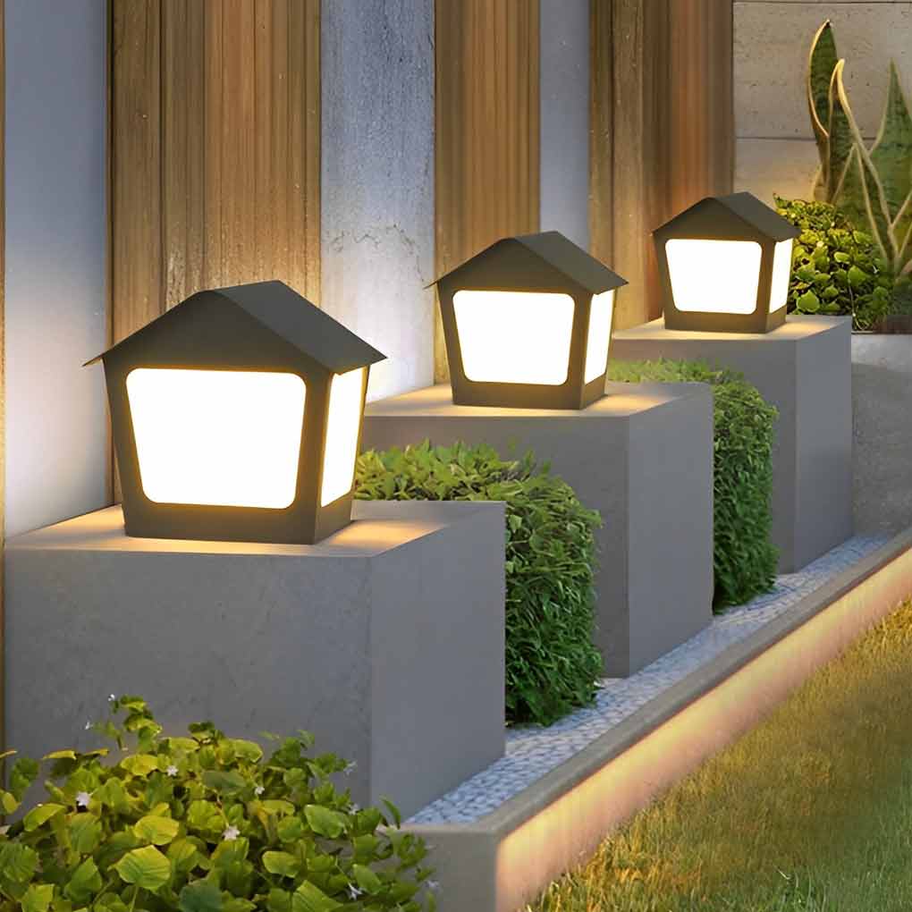 Cottage-Shaped Outdoor Pillar Light — Stainless Steel & Acrylic, Solar / Hardwired, LED, IP54, Warm White 3000K