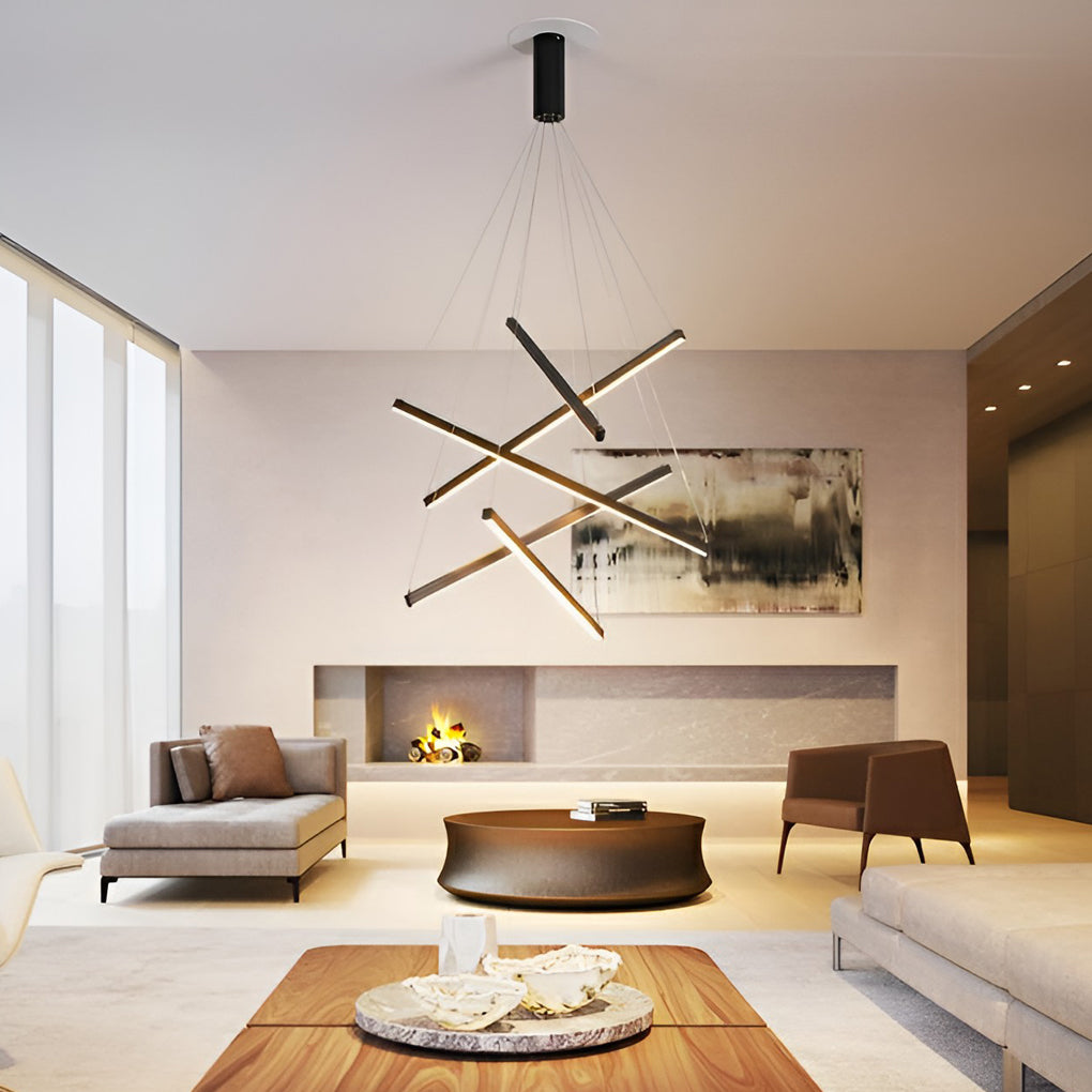 Minimalist Strip LED Chandelier — Black Metal, Stepless Dimming, Remote Control, 3- to 9-Light