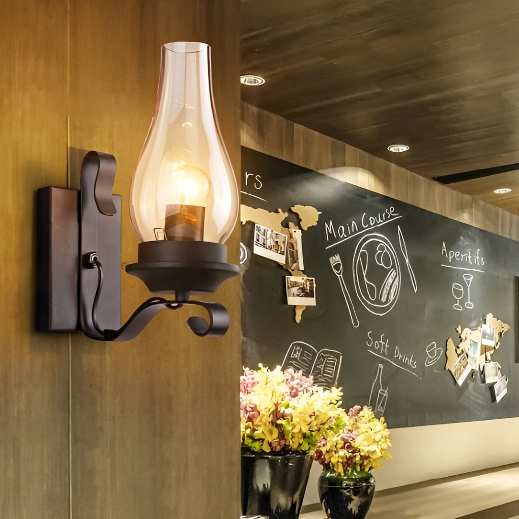 Industrial Retro Wall Sconce — Black Iron, E27, Blown Glass Shade, 8" × 12"