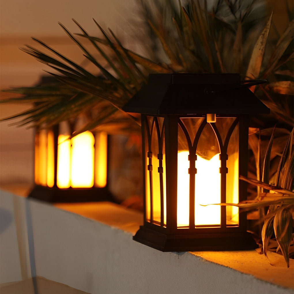 Black Solar Outdoor Portable Lantern — Glass, LED, IP54 Weatherproof, 3000K Warm White
