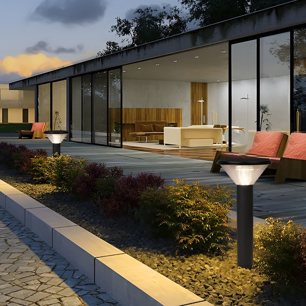 Modern Cylindrical Tapered Solar LED Bollard Light — Black Aluminum, 3-Step Dimming, Remote Control, 24" or 31"