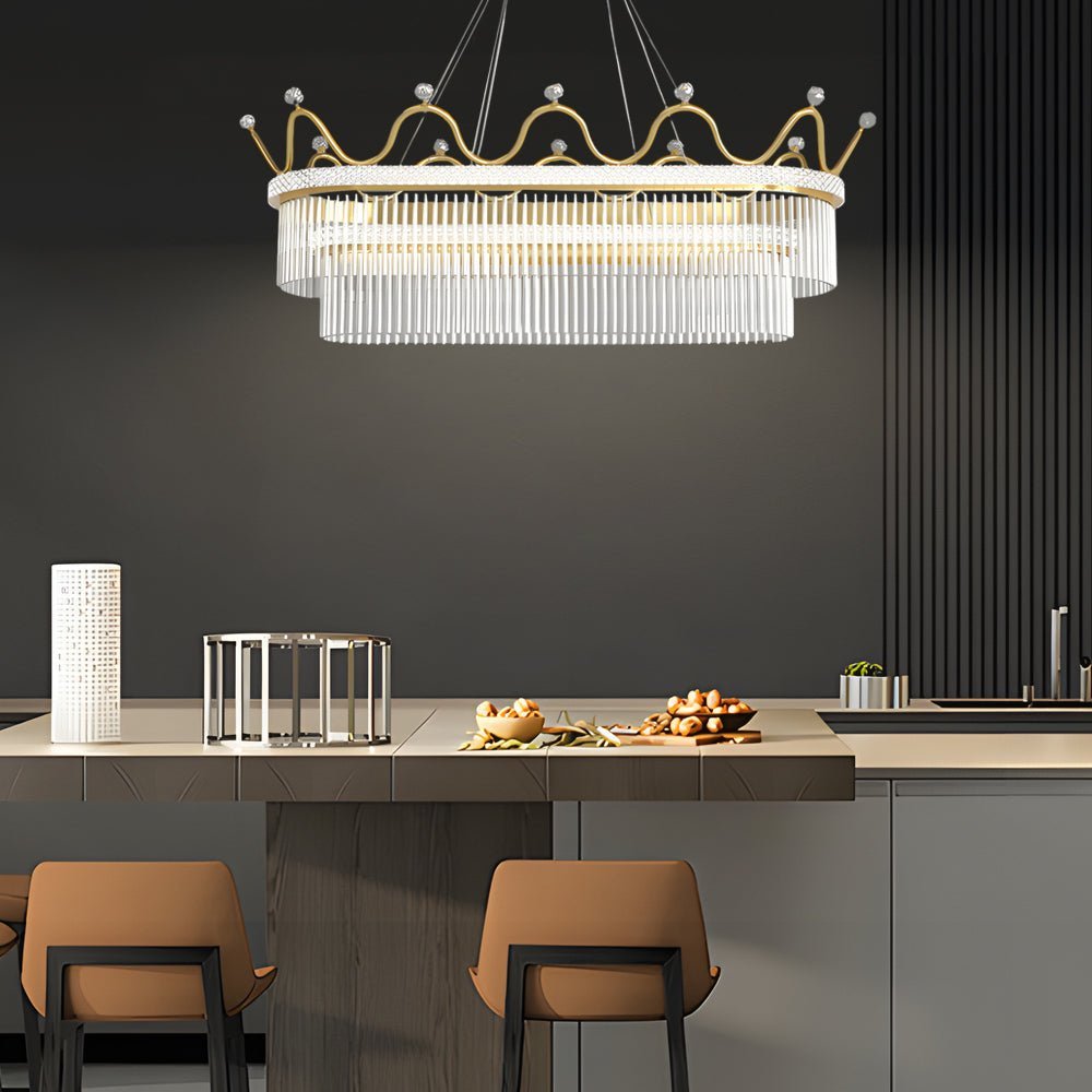 Oval Crystal Crown Chandelier — Gold, 1- or 2-Layer, Three-Step Dimming, 39.4" Wide
