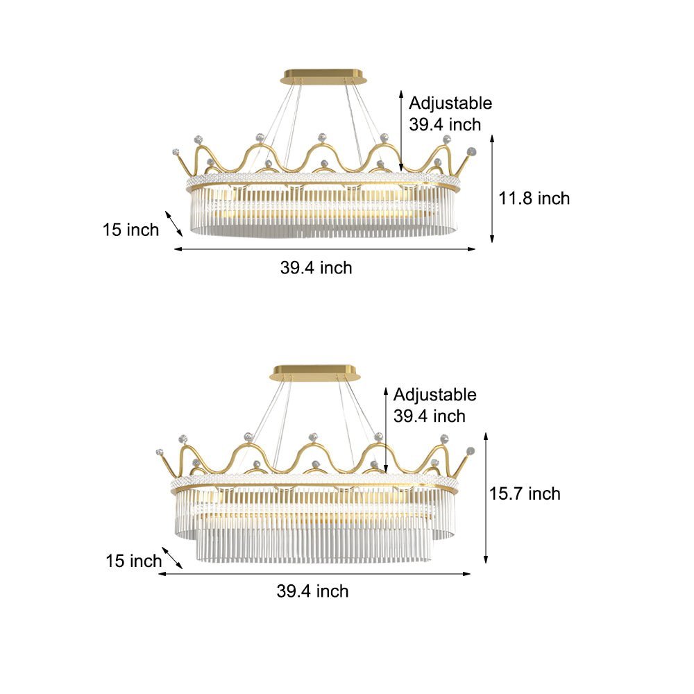 Oval Crystal Crown Chandelier — Gold, 1- or 2-Layer, Three-Step Dimming, 39.4" Wide