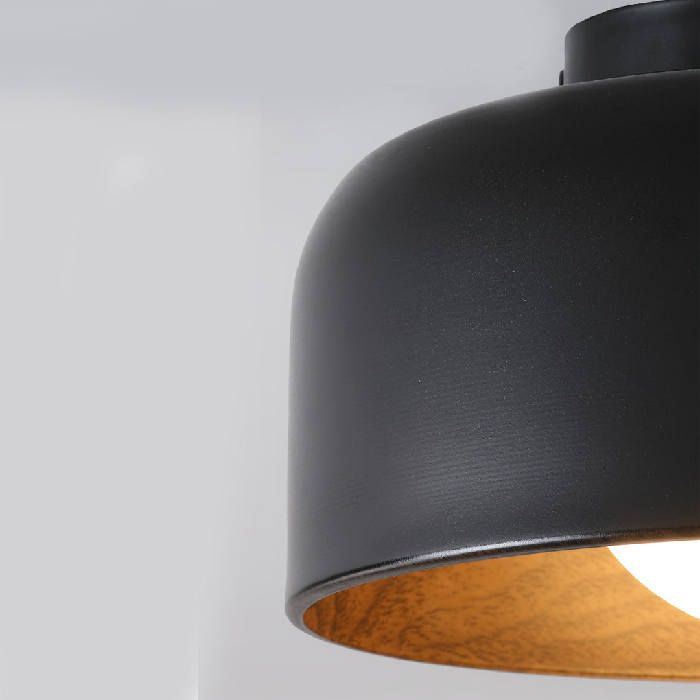 Bowl-Shaped LED Flush-Mount Ceiling Light — Iron and Glass, Imitation Wood Texture, 13.8", 3000K Warm White