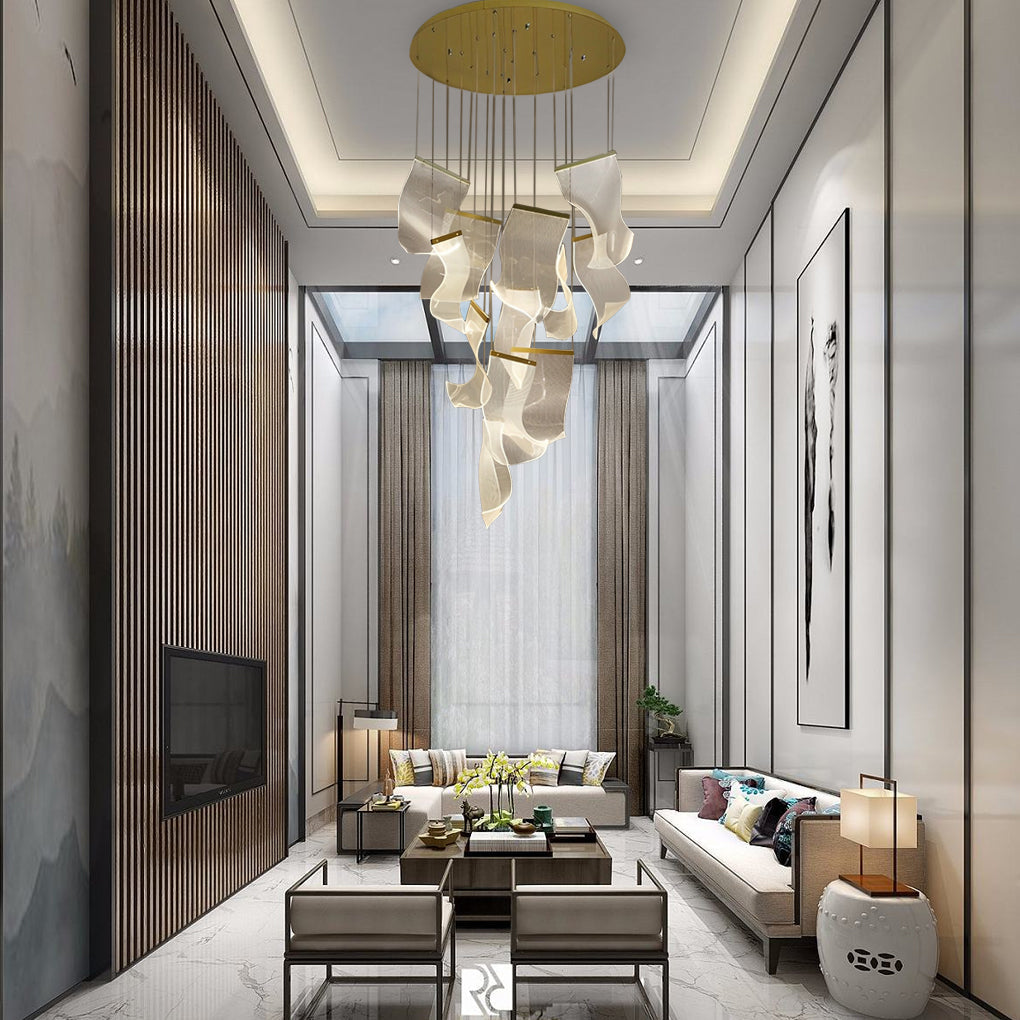 Irregular Curl Acrylic LED Chandelier — Gold, Stainless Steel & Aluminum, 6- to 28-Light, Stepless Dimming, 3000K–6000K