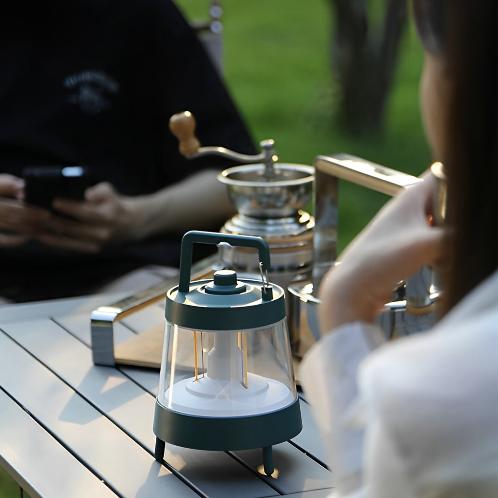 Forest Green Rechargeable Camping Lantern — ABS+PC, USB 5V, LED Dimmable, IP65 Waterproof, 15-Hour Battery, 5" × 7"